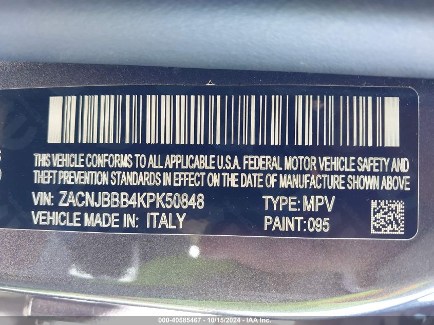 VIN ZACNJBBB4KPK50848 2019 JEEP RENEGADE LATITUDE 4X4