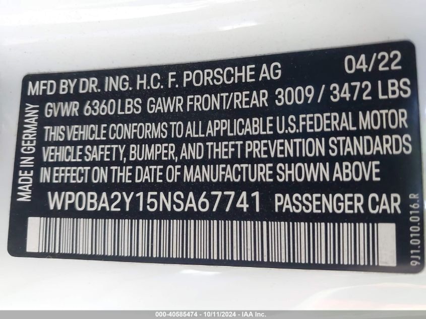 2022 Porsche Taycan Cross Turismo 4 VIN: WP0BA2Y15NSA67741 Lot: 40585474