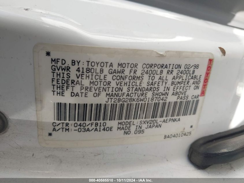 JT2BG28K6W0187042 1998 Toyota Camry Le