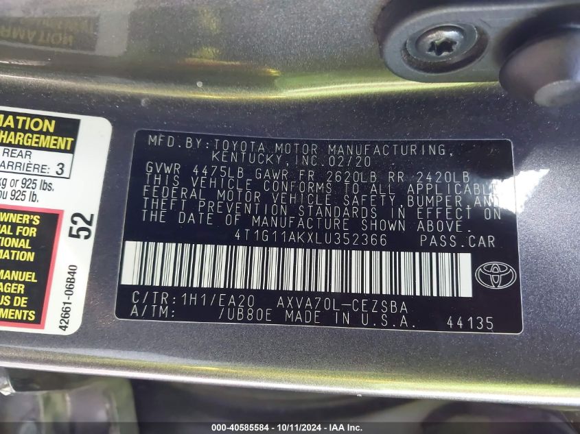 4T1G11AKXLU352366 2020 Toyota Camry Se