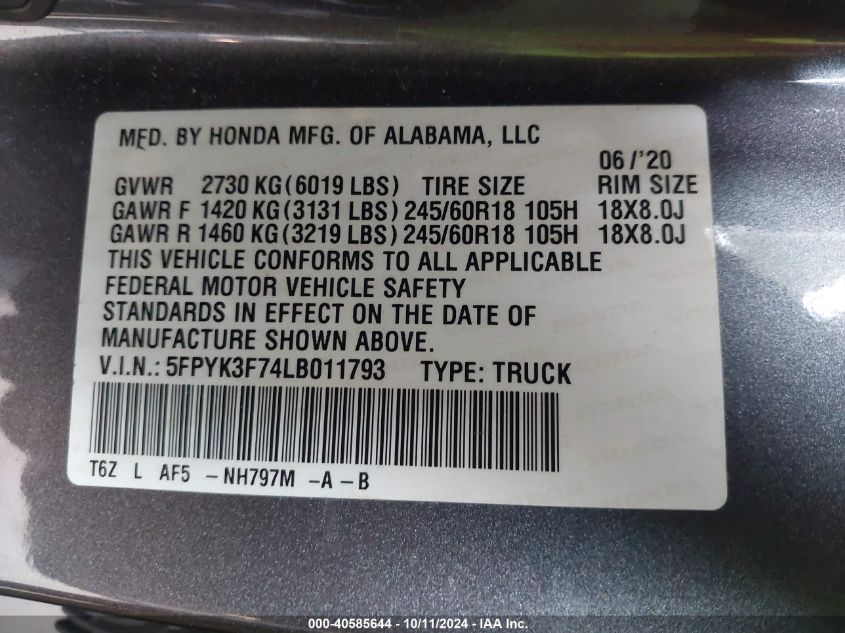 2020 Honda Ridgeline Rtl-E VIN: 5FPYK3F74LB011793 Lot: 40585644