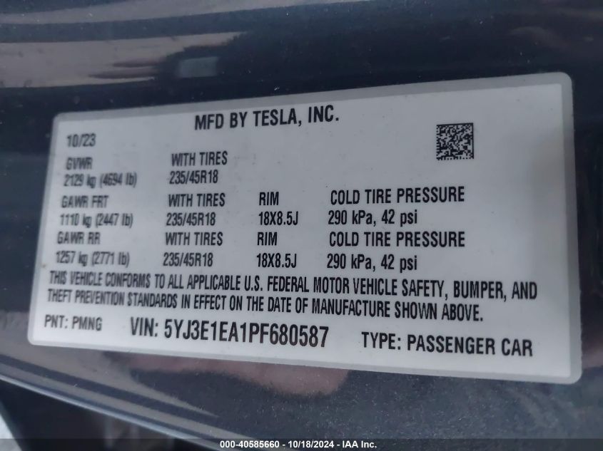 2023 TESLA MODEL 3 - 5YJ3E1EA1PF680587