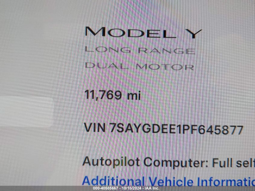 2023 Tesla Model Y Awd/Long Range Dual Motor All-Wheel Drive VIN: 7SAYGDEE1PF645877 Lot: 40585667