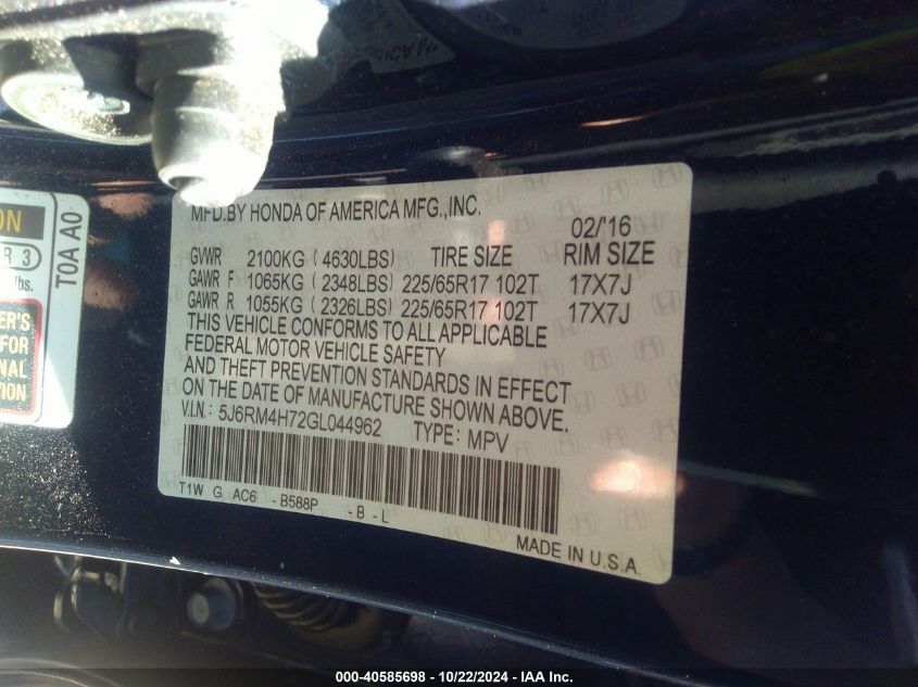 2016 HONDA CR-V EX-L - 5J6RM4H72GL044962