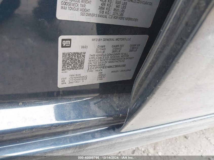 2021 Chevrolet Silverado 1500 4Wd Short Bed Lt Trail Boss VIN: 1GCPYFED4MZ369158 Lot: 40585766