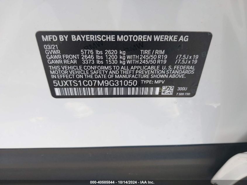 2021 BMW X3 Phev xDrive30E VIN: 5UXTS1C07M9G31050 Lot: 40585844