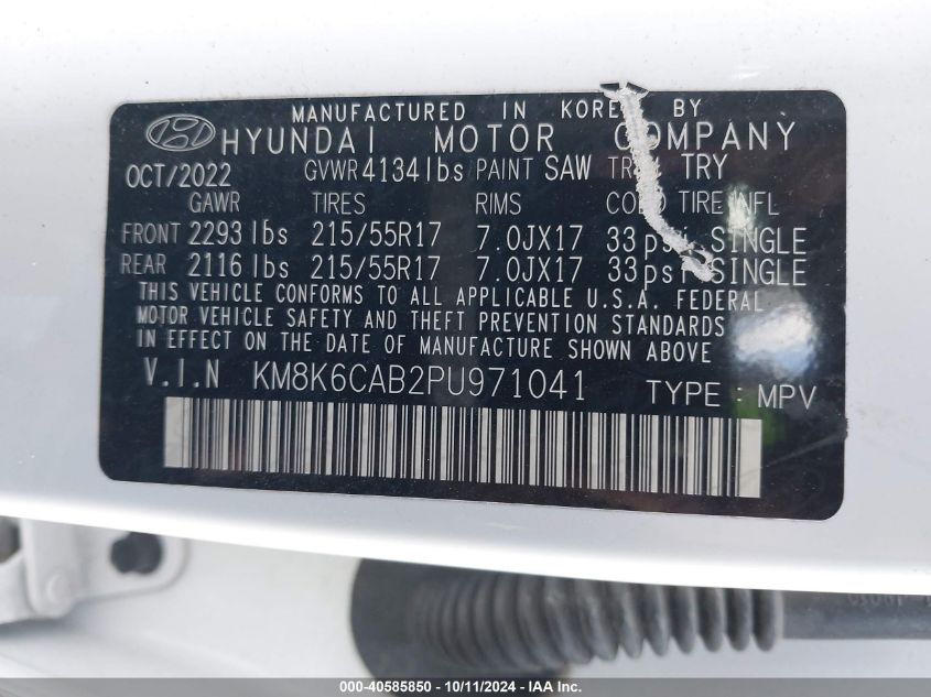 2023 Hyundai Kona Sel VIN: KM8K6CAB2PU971041 Lot: 40585850