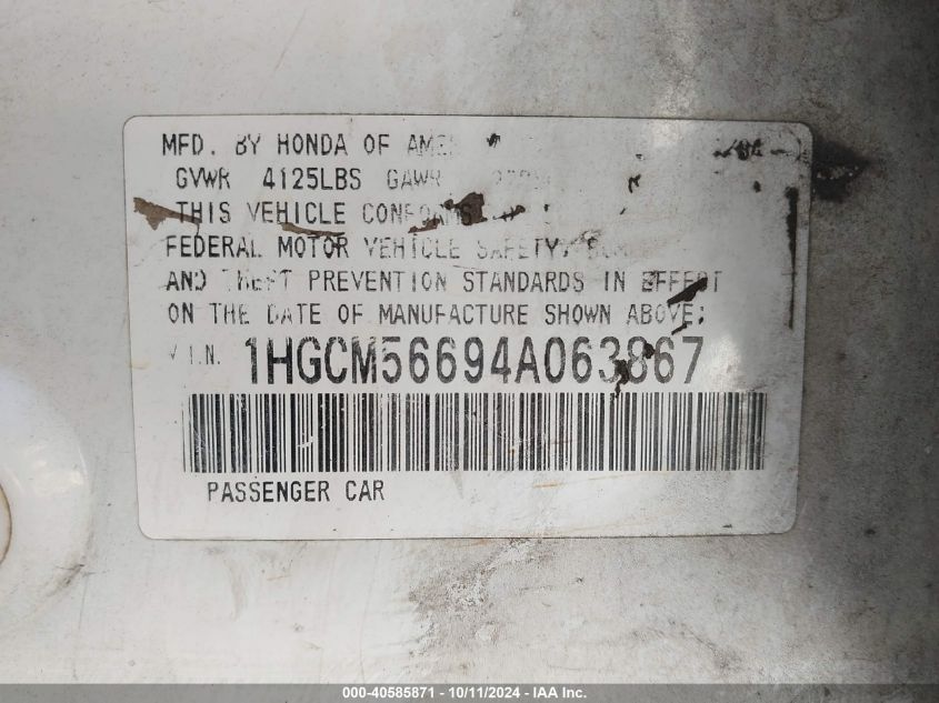 1HGCM56694A063867 2004 Honda Accord 2.4 Ex