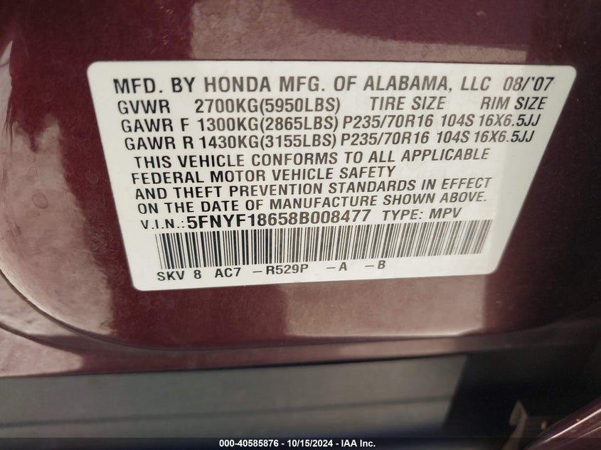 2008 Honda Pilot Ex-L VIN: 5FNYF18658B008477 Lot: 40585876