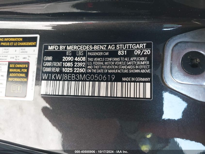 2021 Mercedes-Benz C 300 4Matic VIN: W1KWJ8EB3MG050619 Lot: 40585906