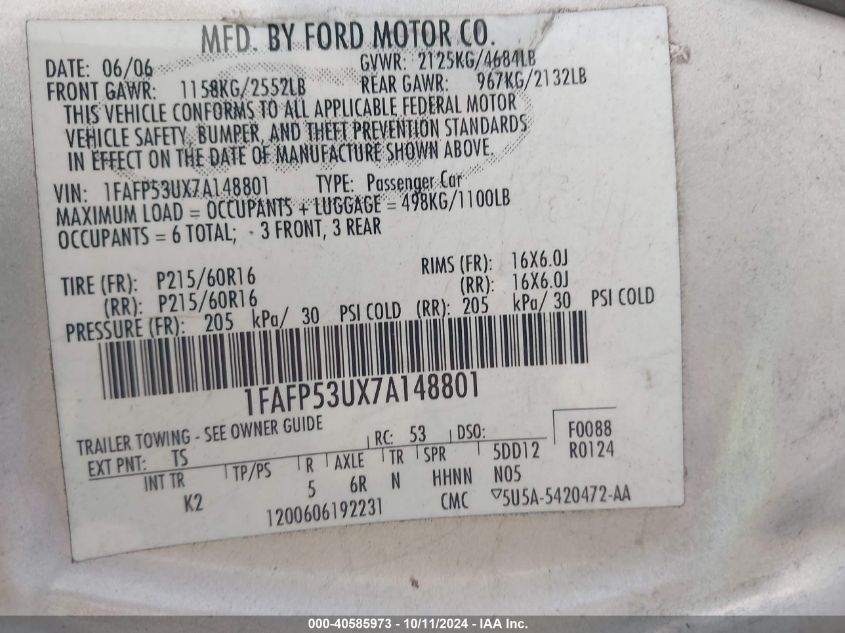 1FAFP53UX7A148801 2007 Ford Taurus Se