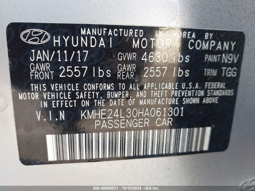 2017 Hyundai Sonata Hybrid Se VIN: KMHE24L30HA061301 Lot: 40586021