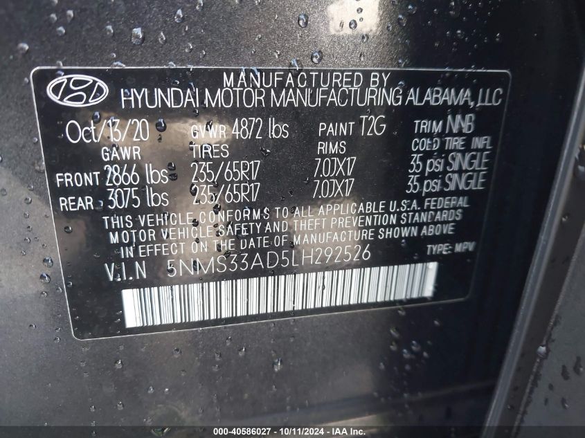 2020 Hyundai Santa Fe Sel VIN: 5NMS33AD5LH292526 Lot: 40586027