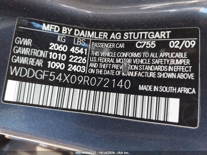 2009 Mercedes-Benz C 300 Luxury/Sport VIN: WDDGF54X09R072140 Lot: 40586223