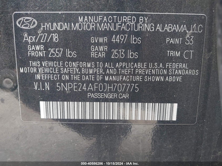 VIN 5NPE24AF0JH707775 2018 HYUNDAI SONATA SE