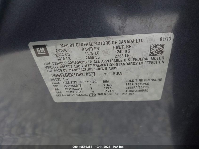 2GNFLGEK1D6270377 2013 Chevrolet Equinox Ltz