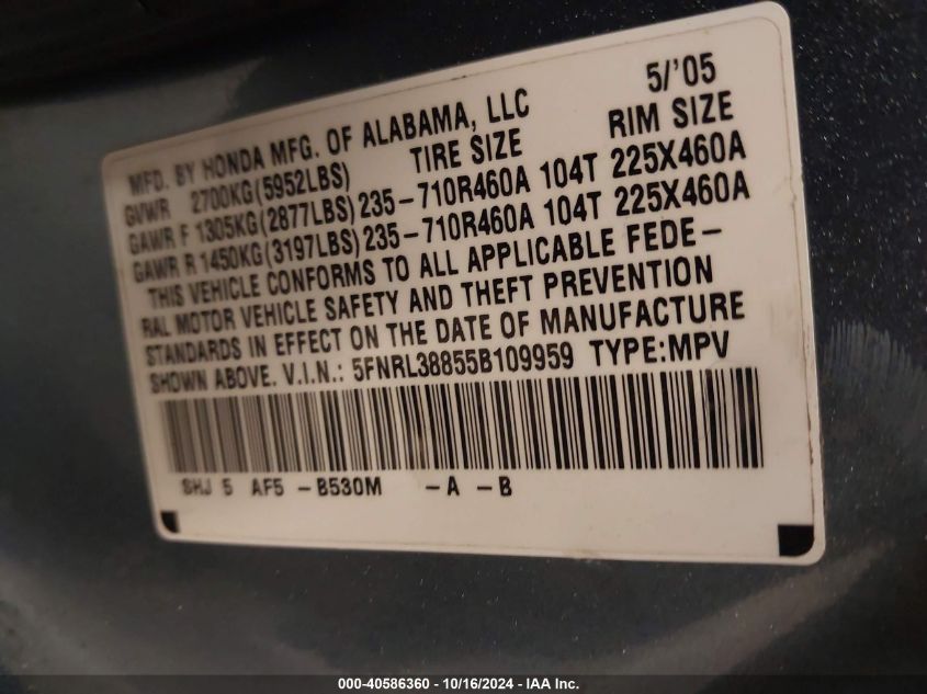 2005 Honda Odyssey Touring VIN: 5FNRL38855B109959 Lot: 40586360