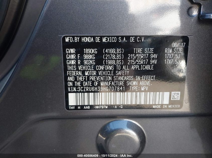 3CZRU6H39HG707841 2017 Honda Hr-V Lx