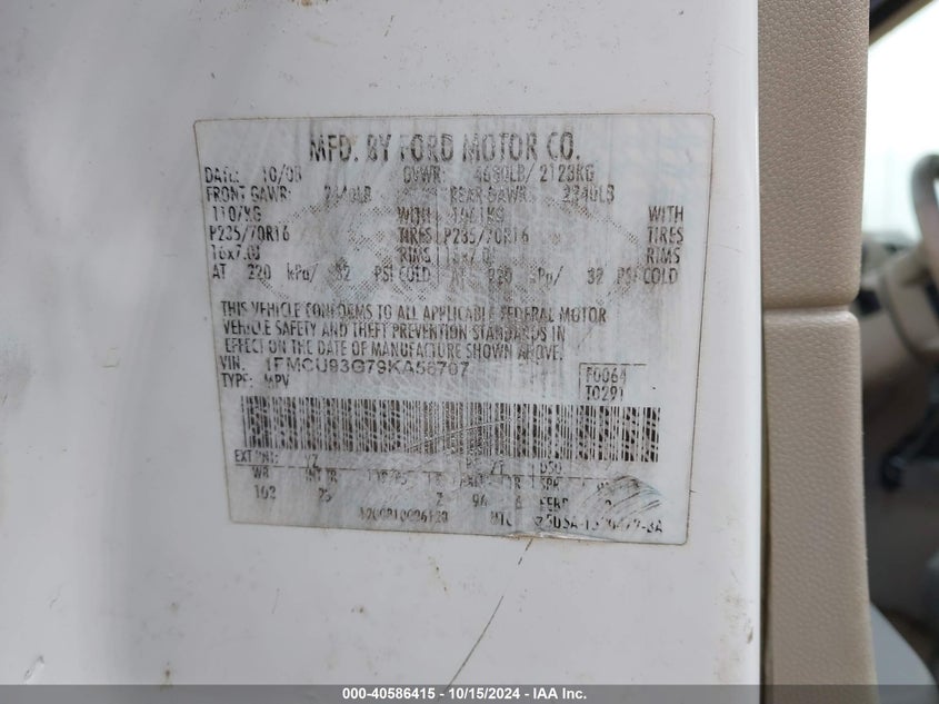 2009 Ford Escape Xlt VIN: 1FMCU93G79KA56707 Lot: 40586415