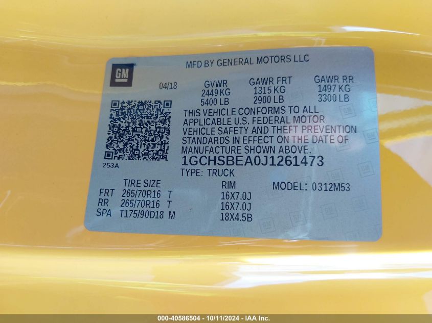 1GCHSBEA0J1261473 2018 Chevrolet Colorado Wt