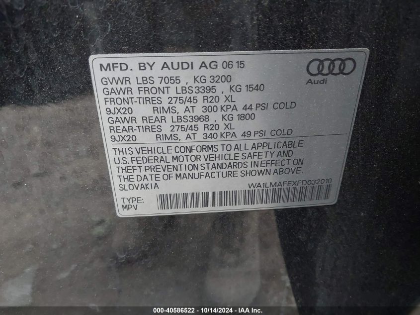 2015 Audi Q7 Tdi/Premium Plus VIN: WA1LMAFEXFD032010 Lot: 40586522