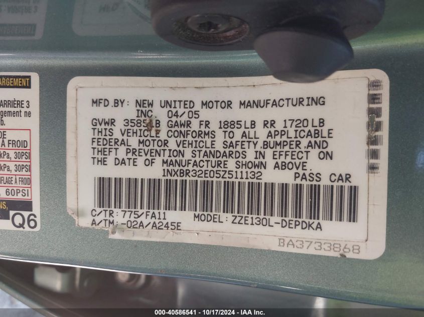 2005 Toyota Corolla Ce VIN: 1NXBR32E05Z511132 Lot: 40586541