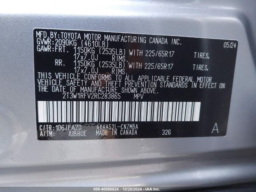 2024 Toyota Rav4 Xle/Xle Premium VIN: 2T3W1RFV2RC283865 Lot: 40586624