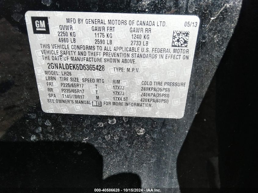 2013 Chevrolet Equinox 1Lt VIN: 2GNALDEK6D6365428 Lot: 40586628