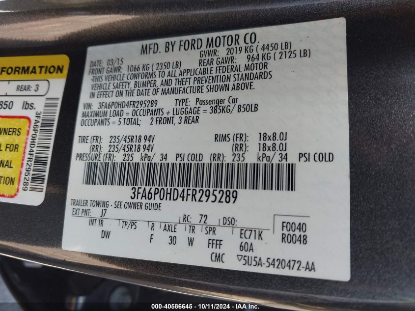 3FA6P0HD4FR295289 2015 Ford Fusion Se