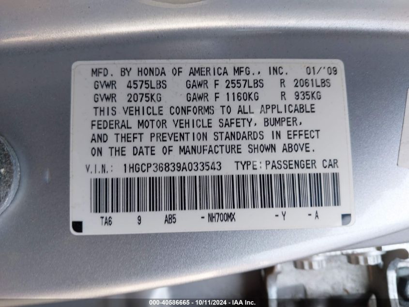 1HGCP36839A033543 2009 Honda Accord 3.5 Ex-L