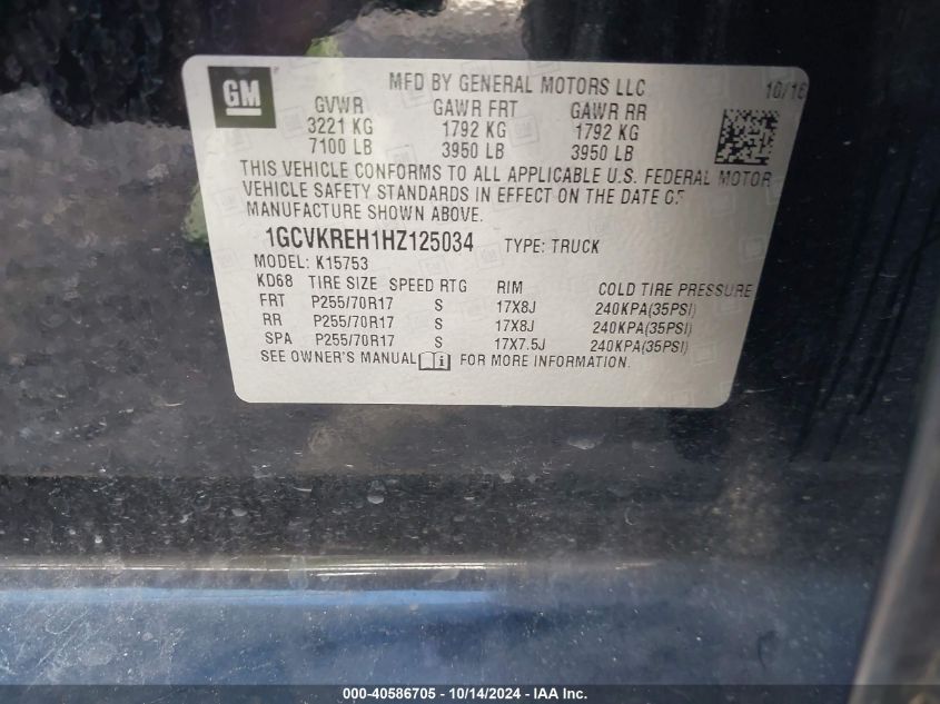2017 Chevrolet Silverado 1500 1Lt VIN: 1GCVKREH1HZ125034 Lot: 40586705