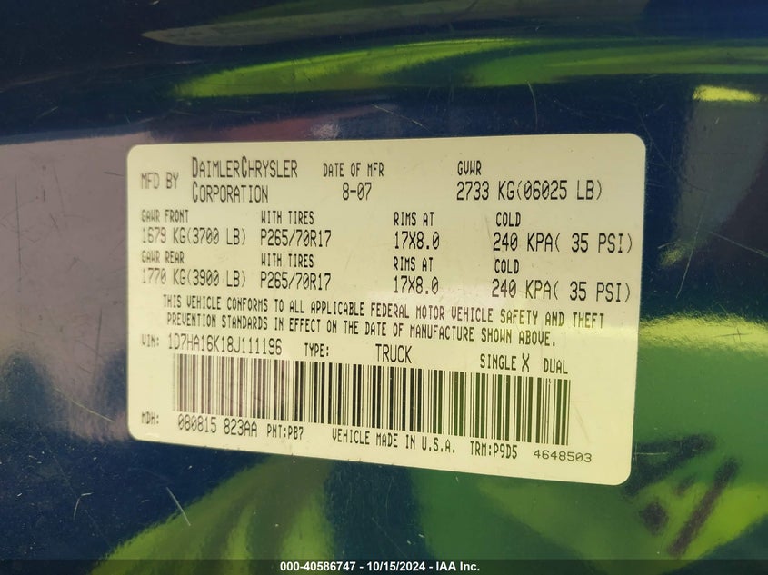 2008 Dodge Ram 1500 St VIN: 1D7HA16K18J111196 Lot: 40586747