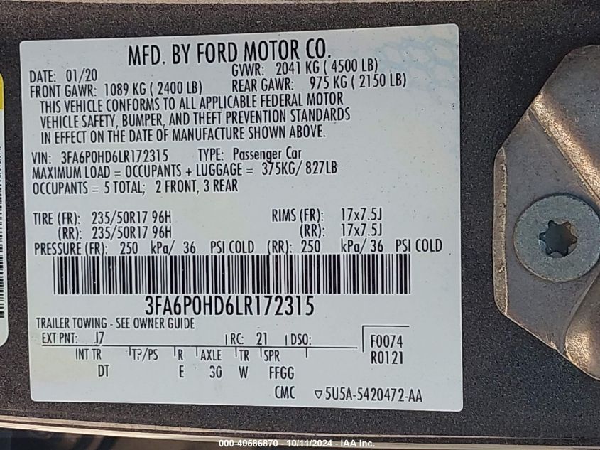 3FA6P0HD6LR172315 2020 Ford Fusion Se