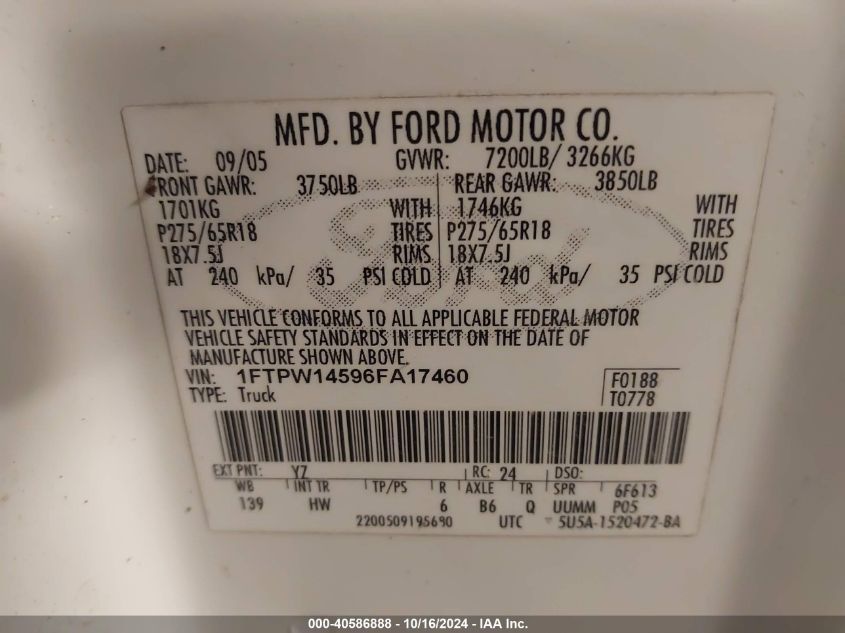 2006 Ford F-150 Fx4/Lariat/Xlt VIN: 1FTPW14596FA17460 Lot: 40586888