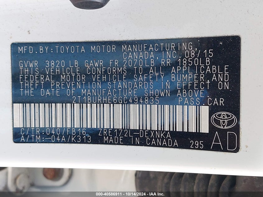 2016 TOYOTA COROLLA LE - 2T1BURHE6GC494835