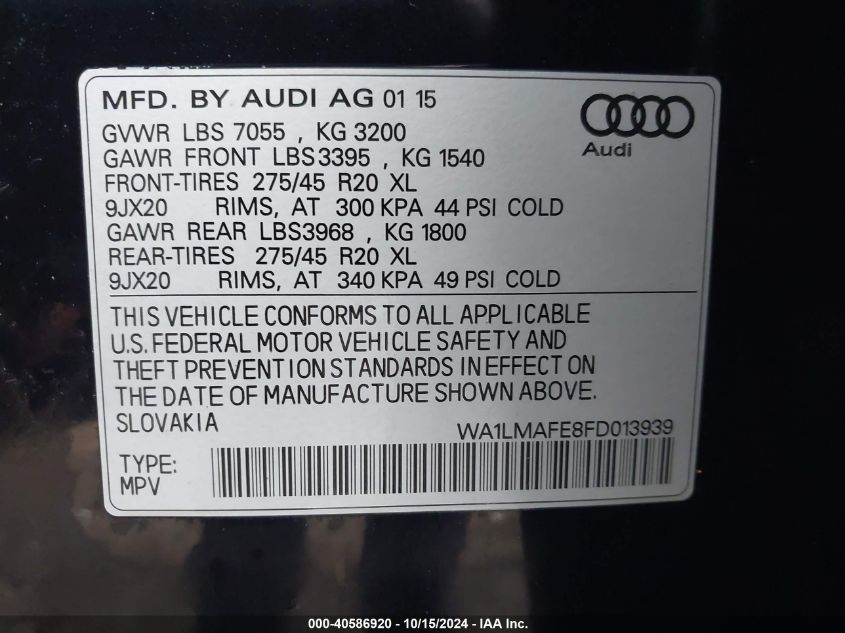 2015 Audi Q7 3.0 Tdi Premium VIN: WA1LMAFE8FD013939 Lot: 40586920