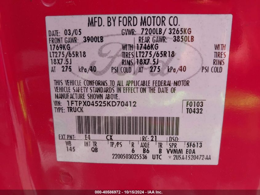 2005 Ford F-150 Fx4/Xlt VIN: 1FTPX04525KD70412 Lot: 40586972