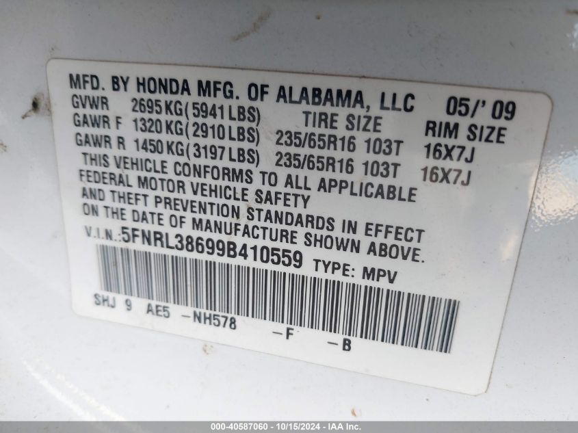 2009 Honda Odyssey Ex-L VIN: 5FNRL38699B410559 Lot: 40587060