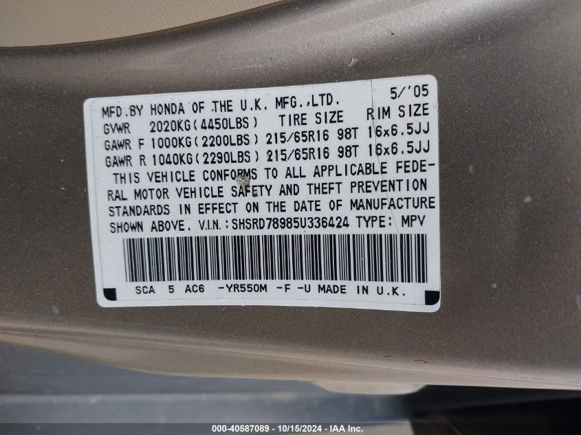 2005 Honda Cr-V Se VIN: SHSRD78985U336424 Lot: 40587089