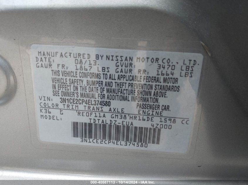 2014 Nissan Versa Note Sv VIN: 3N1CE2CP4EL374580 Lot: 40587113