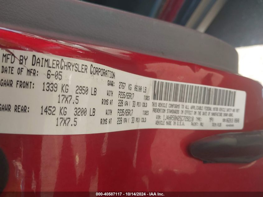 2005 Jeep Grand Cherokee Limited VIN: 1J4HR58N25C729218 Lot: 40587117