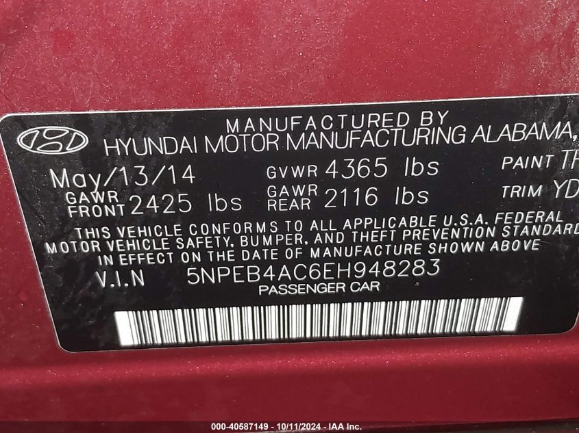 5NPEB4AC6EH948283 2014 Hyundai Sonata Gls