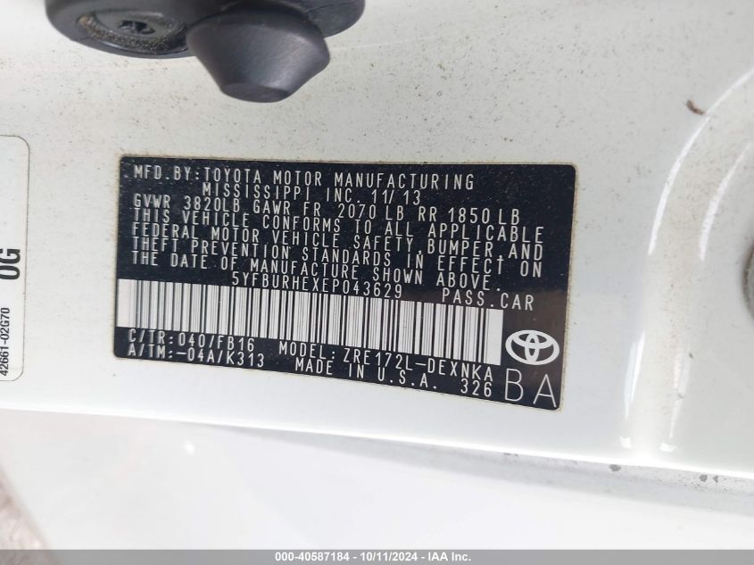 5YFBURHEXEP043629 2014 Toyota Corolla Le