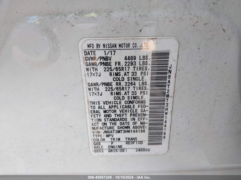 VIN JN8AT2MT3HW144196 2017 NISSAN ROGUE SV