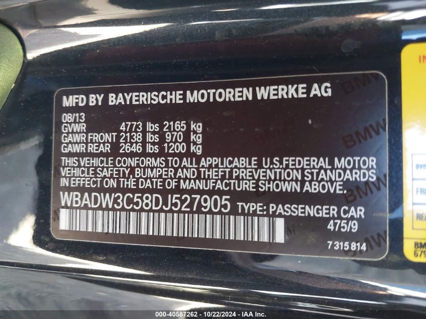 2013 BMW 328I VIN: WBADW3C58DJ527905 Lot: 40587262