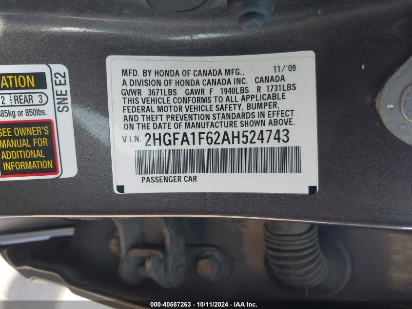 2HGFA1F62AH524743 2010 Honda Civic Lx-S