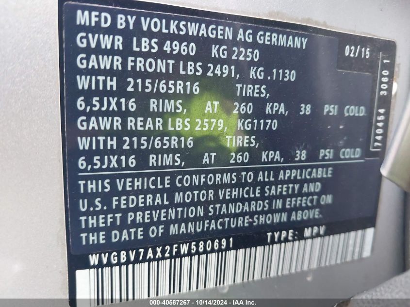 2015 VOLKSWAGEN TIGUAN S - WVGBV7AX2FW580691