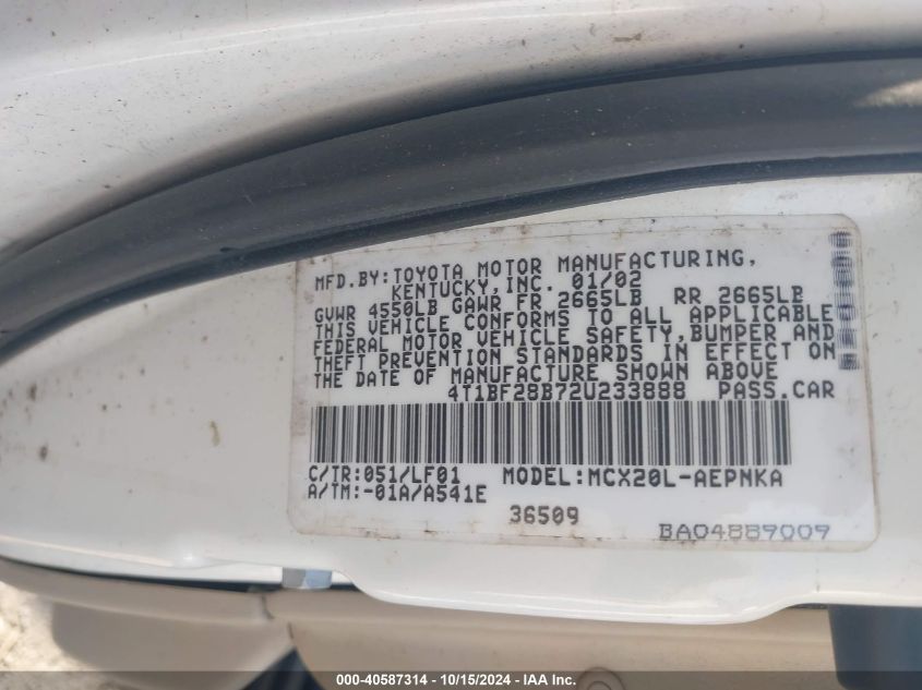 2002 Toyota Avalon Xl VIN: 4T1BF28B72U233888 Lot: 40587314