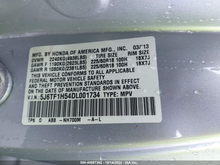 2013 Honda Crosstour Ex-L V6 VIN: 5J6TF1H54DL001734 Lot: 40587362