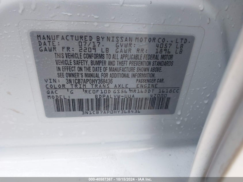 2017 Nissan Sentra Nismo VIN: 3N1CB7AP0HY368436 Lot: 40587367